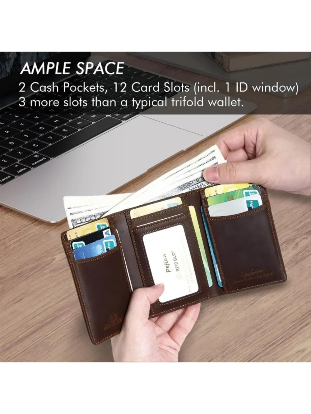 Men's Trifold Leather Wallet - RFID Blocking, 12 Card Slots, Dark Brown, Gift
